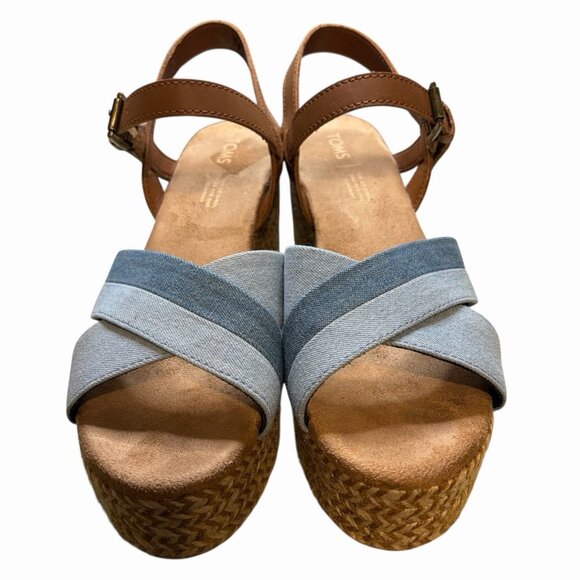 Toms Sandals Size 9.5 Willow Platform Wedge Blue Denim Tan Leather Espadrille - Picture 6 of 8